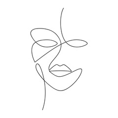 Wall Mural - Minimal abstract woman face vector icon. Line continuous drawing. Hand drawn illustration. Female portrait. Graphic design, print, banner, poster, brochure, logo, card, sign, silhouette, symbol.