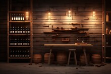  Wine Shop. Ai Art. Wooden Shelves And Wine Rack