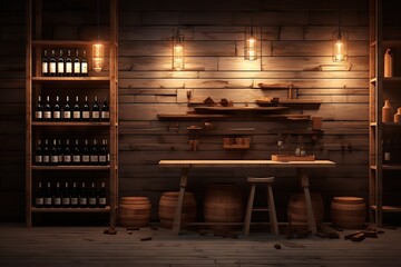  Wine shop. Ai art. Wooden shelves and wine rack