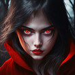 A beautiful young woman with ever red eyes walking past people