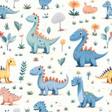 Fototapeta Dinusie - Cartoon dinosaurs childish seamless repeat pattern
