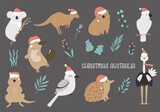 Fototapeta Big Ben - Set of hand drawn australian animals in Christmas santa hats - koala, ostrich, kangaroo, platypus,echidna