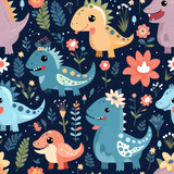 Fototapeta Dinusie - Cartoon dinosaurs childish seamless repeat pattern
