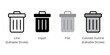 Trash can, bin, delete button vector icon set for website design, app, ui, isolated on white background. Vector illustration.