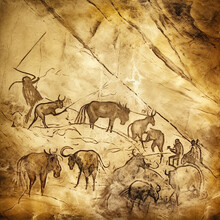 Ancient Rock Painting Scene Of Mammoth Hunting By Cavemen, Neanderthals, 