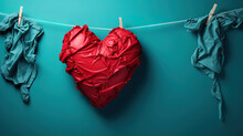 Two Hearts Hanging On A Rope In Front Of Wooden Background, Valentine's Day. Generative Ai