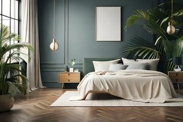 king-size bed with beige bed linen in adorable bedroom. light boho style bedroom with tropical plant