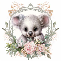 With a touch of softness, this artistic image frames an endearing koala with intricate floral motifs, enhancing the koala's inherent charm and cuteness. (AR 1:1)