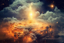 A Fantastic Sky With A Jumble Of Clouds, Rocks, Stars And Fire. AI Generation