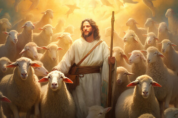 Wall Mural - Jesus Christ among the sheep, Jesus Christ the Good Shepherd. AI Generation