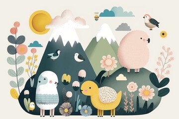 Wall Mural - Illustration of mountains with cute animals, birds, clouds and blooming balls. Perfect for baby room decor. Generative AI