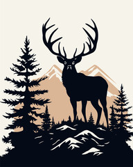 Vector illustration landscape with forest and deer