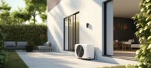 Air Conditioning House Facade. Air Heat Pump Beside House, 3D Illustration