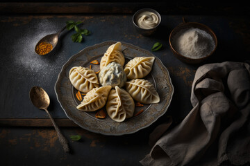 Hot dish khinkali or pilmeni, manti served on a clay plate in vintage style. Content created with AI