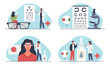 Ophthalmologists treat people. Patient examination, doctors checking eyesight, selection of optics and expert advice, Optometry diagnostic and treatment. Nowaday vector cartoon flat set
