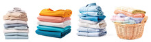 Stack Of Clean Clothes And Wicker Basket With Clean Laundry Isolated On Transparent Background
