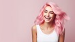 © Svetlana Zayats - young laughing woman with pastel pink hair, tongue sticking out, blue eyes, peace gestures funny facial expressions