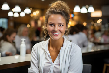 Smiling woman sitting on a bar stool, generative ai