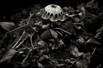 Wall Mural - Monochrome, macro photography style image of a compost heap, textures of organic materials, dramatic lighting