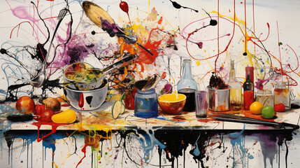 Abstract expressionist depiction of a gluten - free kitchen, with drips, splatters, and strokes of color representing various foods and ingredients.