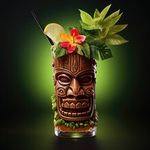 Tropical Cocktail Served In A Tiki Style Glass And Garnished With Fruits.