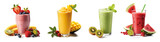 Row of healthy fresh fruit and vegetable smoothies with assorted ingredients served in glass bottles with straws isolated on transparent background