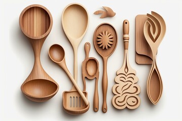 Wall Mural - Kitchen tools made of wood on a white background. Generative AI