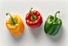 Three Colorful Peppers On White Background From Top View. Generative AI