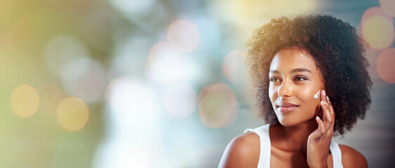 Poster - Beauty mockup, cream and face of black woman with overlay for wellness, facial treatment and cosmetics. Dermatology, luxury spa and happy girl with sunscreen creme, lotion and moisturizer in bathroom