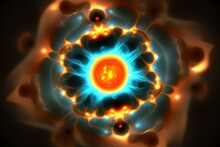 Vibrant Cosmos: Blue And Orange Fractal Nebula, Sun, And Stars. Digital Art. Generative AI