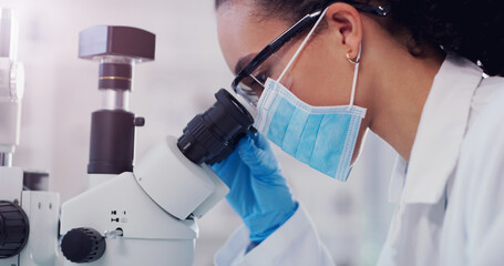 Wall Mural - vaccine, covid and microscope with woman in laboratory for expert research, medical and planning. te