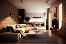 A Warm Modern Living Room With A Scabble Board. Generative AI