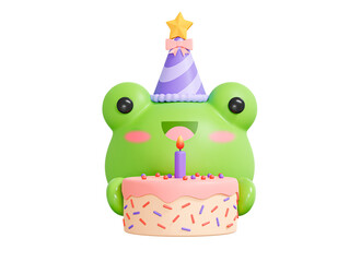 Wall Mural - 3D Cute Birthday Frog in Party Hat with pink Cake. Celebration animal. Kawaii character emoji. Happy toad. Festive party. Cartoon creative design icon. 3D Rendering
