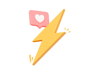 3D Lightning with like button. Social media flash promotion. Hot news in network. Lightning bolt emoji. Pink heart. Cartoon creative design icon. 3D Rendering