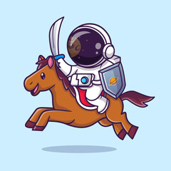 Cute Astronaut Warrior Riding Horse With Sword And Shield 
Cartoon Vector Icon Illustration. Science Animal Icon Concept 
Isolated Premium Vector. Flat Cartoon Style