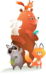 Wall Mural - Cute forest animals friends together, children illustration. Bear, bunny squirrel and raccoon happy woodland animals for party, celebration or zoo. Hand drawn vector in watercolor style for kids.