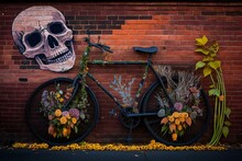 Bike Parked By Mural And Brick Wall Adorned With Flowers And Skeleton. Generative AI