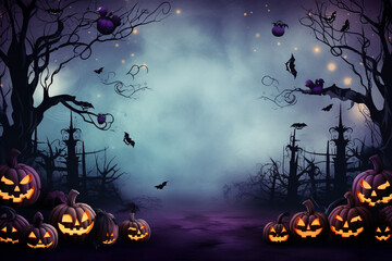 spooky halloween illustration for kids carwed pumpkins and copy space in the middle. high quality ph