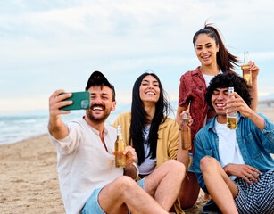 fun beach summer youth friend young woman friendship selfie photo phone smartphone taking mobile camera social smart photograph drink beer vacation