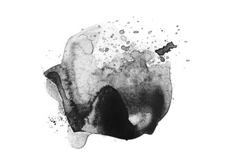 Wall Mural - black ink watercolor flow blot with drops splash. abstract texture color stain on white background.
