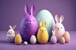 Colorful Easter eggs with bunny on purple background, minimal 3D rendering. Happy Easter. Generative AI
