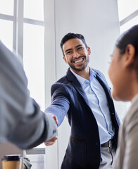 Wall Mural - meeting, smile and handshake with business people in office, b2b deal or agreement for startup oppor
