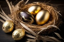 Easter Eggs With A Golden Shine In A Nest Of Straw. Generative AI