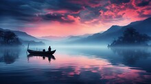  A Man In A Row Boat On A Lake At Sunset.  Generative Ai