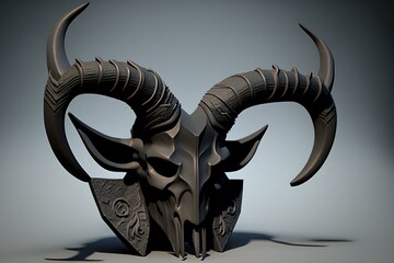 3D model of massive dark horns on plain white. Generative AI