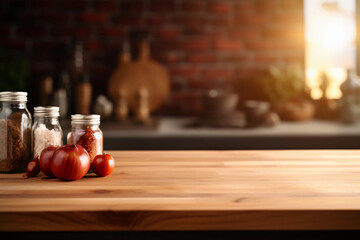 Wooden Kitchen Tabletop with Blurred Background for Product Display Montage