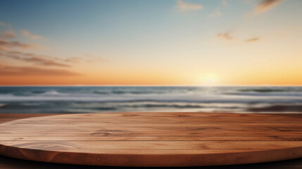 Empty wooden table top tropical product display podium stage in summer beach blurred background