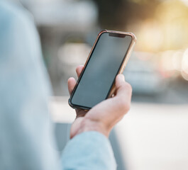 Aufkleber - Hands, closeup and a person with a phone in the city for social media, gps location and notification. Screen, website and an employee with a mobile for a direction app, morning news or email