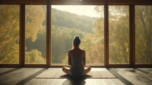 A Peaceful Scene Of A Woman Meditating In A Quiet Room With Breathtaking Views To The Forest. Yoga, De Rose, Wellness And Mindfulness Concept. AI Generative	