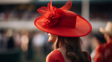 Young Woman In A Beautiful Elegant Red Hat On The Hippodrome Before The Races. Hat Parade At The Races.tradition